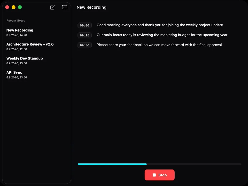 CoreRecord on macOS showing live offline voice dictation