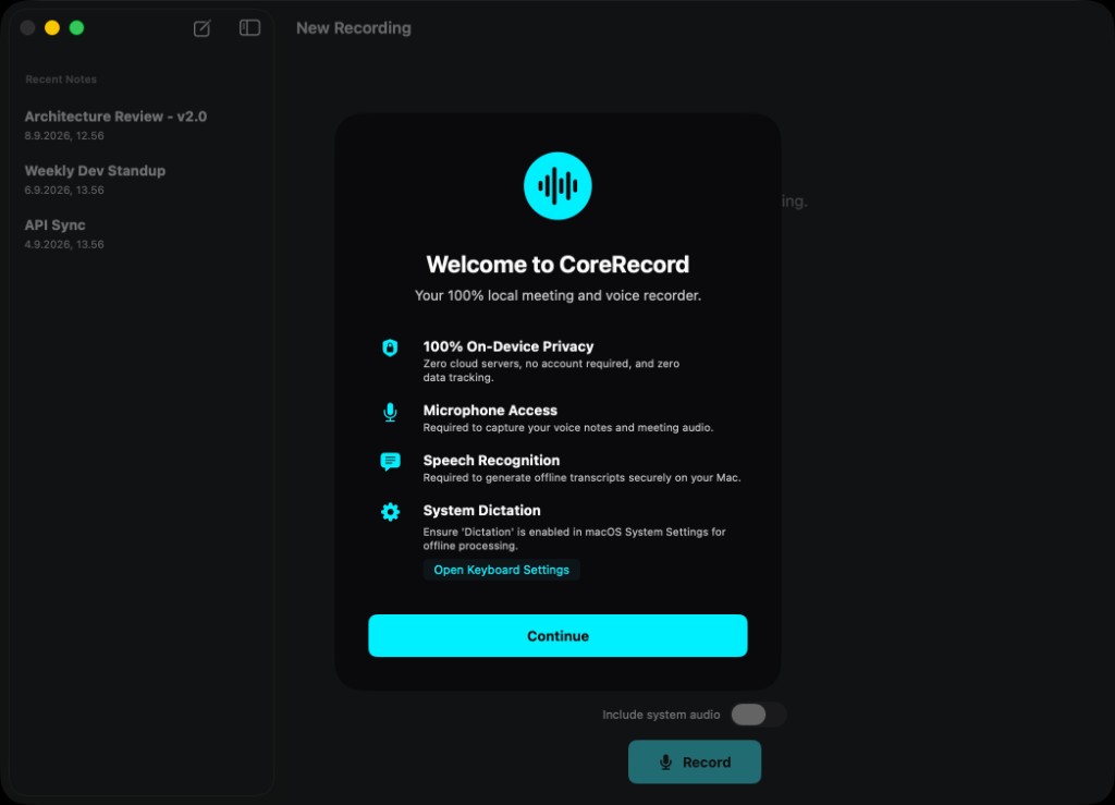 Privacy permissions modal in CoreRecord