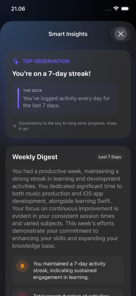 Kaari Smart Insights showing a 7-day streak and weekly digest