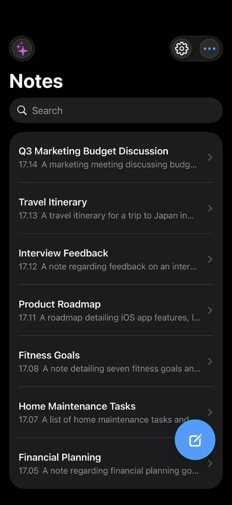 LocalMemo notes list showing AI-organized voice note titles and previews