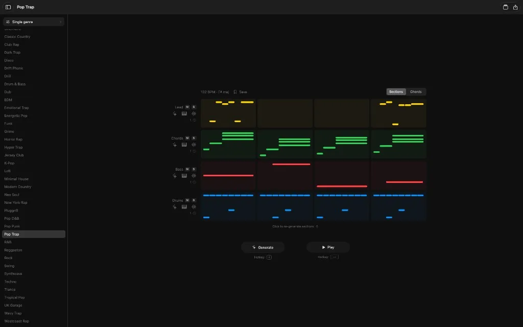 Songen on macOS showing the Pop Trap section grid with lead, chords, bass, and drum tracks